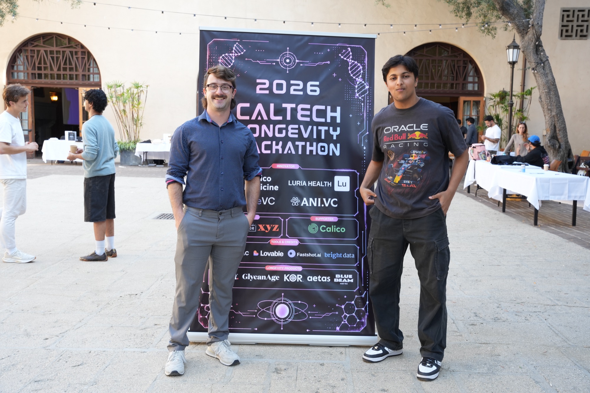 Participants at the hackathon backdrop in front of Dabney Hall
