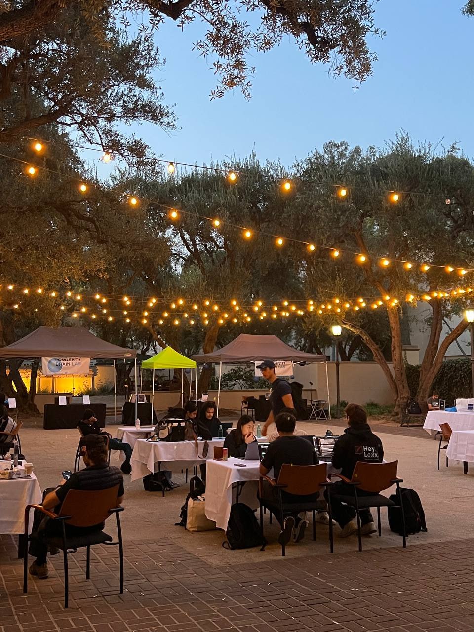 Evening hacking under string lights in the Dabney Hall courtyard